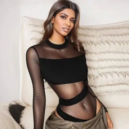 Spring Summer New Fashion Cut Cross Hollow Mesh Jumpsuit Long-Sleeved Thin O Neck Diagonal Black Charming Bodysuit Clubwear