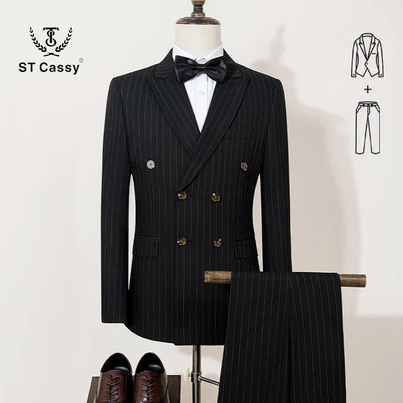 ST Cassy 高品質の男性用ストライプスーツ スリムフィット 高級男性服 エレガントなメンズスーツ ウェディングトレンドコスチューム