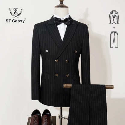 ST Cassy 高品質の男性用ストライプスーツ スリムフィット 高級男性服 エレガントなメンズスーツ ウェディングトレンドコスチューム
