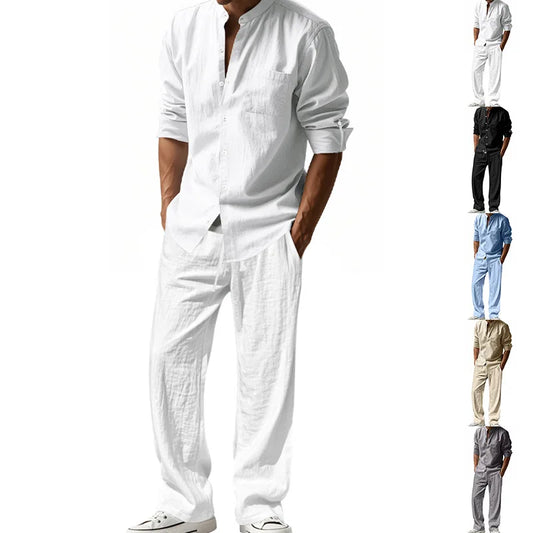 2025 New Spring and Summer Men's Suit Linen Casual Loose Breathable Long Sleeves Shirt Trousers 2Set of Beach Vacation Essential