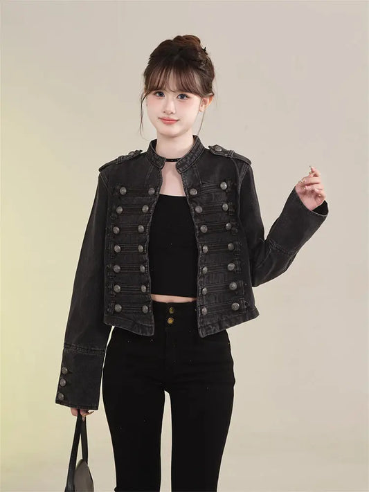 Women's American Retro Denim Military Inspired Cropped Jacket Long Sleeve Stand Collar Casual Motorcycle Coat