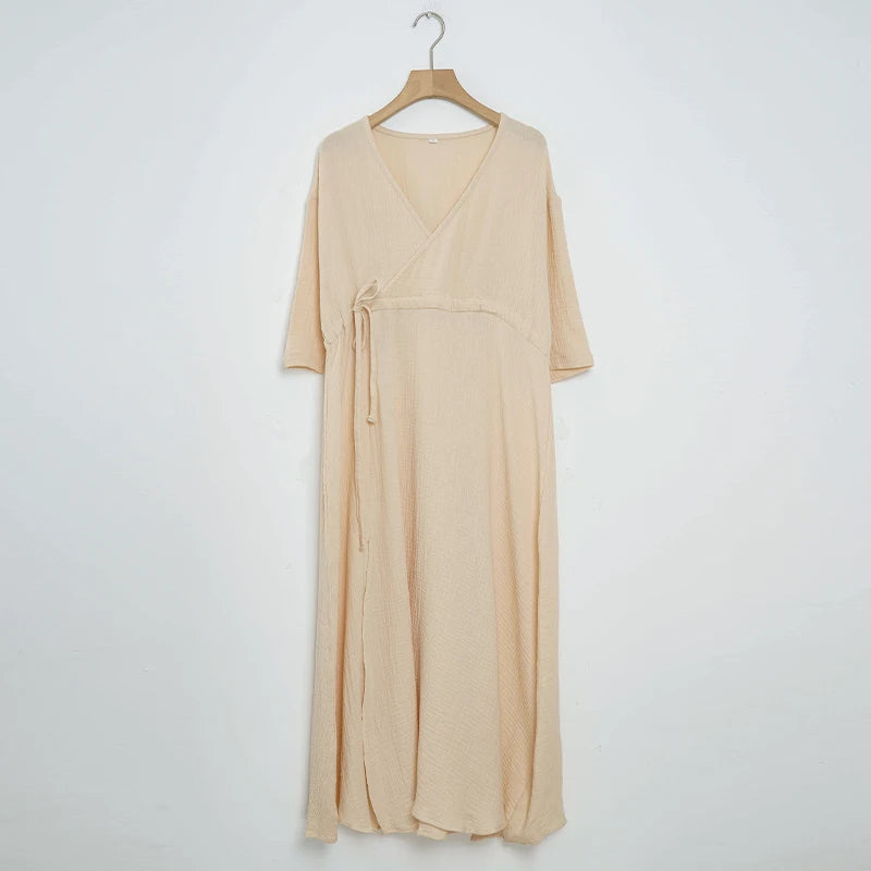 Elegant Party Dresses Women 100% Cotton Muslin Gauze Holiday Beach Casual Corset Waistband Ladies Robe Loose Soild Sundress