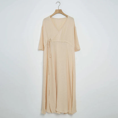 Elegant Party Dresses Women 100% Cotton Muslin Gauze Holiday Beach Casual Corset Waistband Ladies Robe Loose Soild Sundress