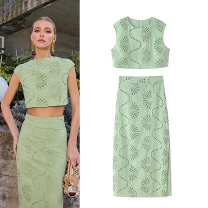 Elegant Chic Embroidery Skirt Set Women's Sleeveless Short Tops and Straight Long Skirt 2025 Summer High Street Slim Lady Set