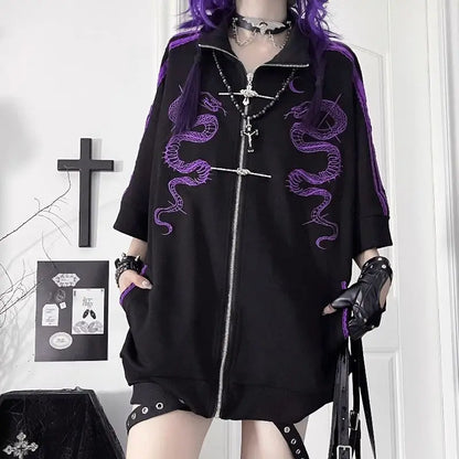 ストリートウェア パンク パーカー コート レディース 服 プリント ジッパー 半袖 スウェットシャツ カジュアル ファッション 夏 オーバーサイズ パーカー Y2K トップス