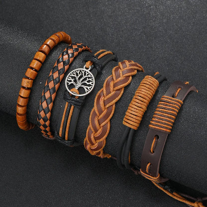 Red 6 Pc/set Tree Black Wrap Woven Handmade Wood Beads Bracelets Male Women Leather Bracelets Men Bangle Wholesale Jewelry Gift