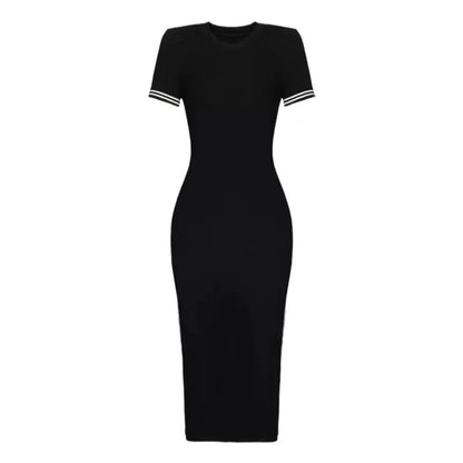 Elegant Summer Women Dress O Neck Side Slit Slim Solid Color Short Sleeves Striped Skinny Maxi Dress