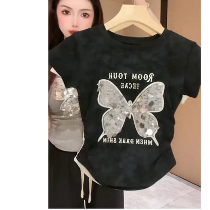 Sequin Butterfly Short Sleeved Full Shoulder T-shirt Women 2024 Summer New Casual Fashion Pleated Waist Slimming Top