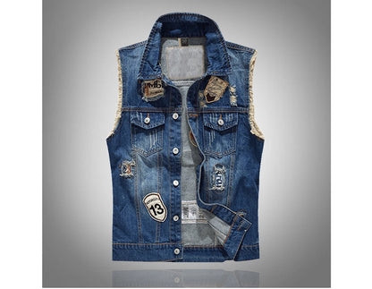 Spring Summer Men's Denim Vest Fashion Male Hip Hop Patch Hole Waistcoats Male Night Club Party Jeans Sleeveless Jacket Clothing