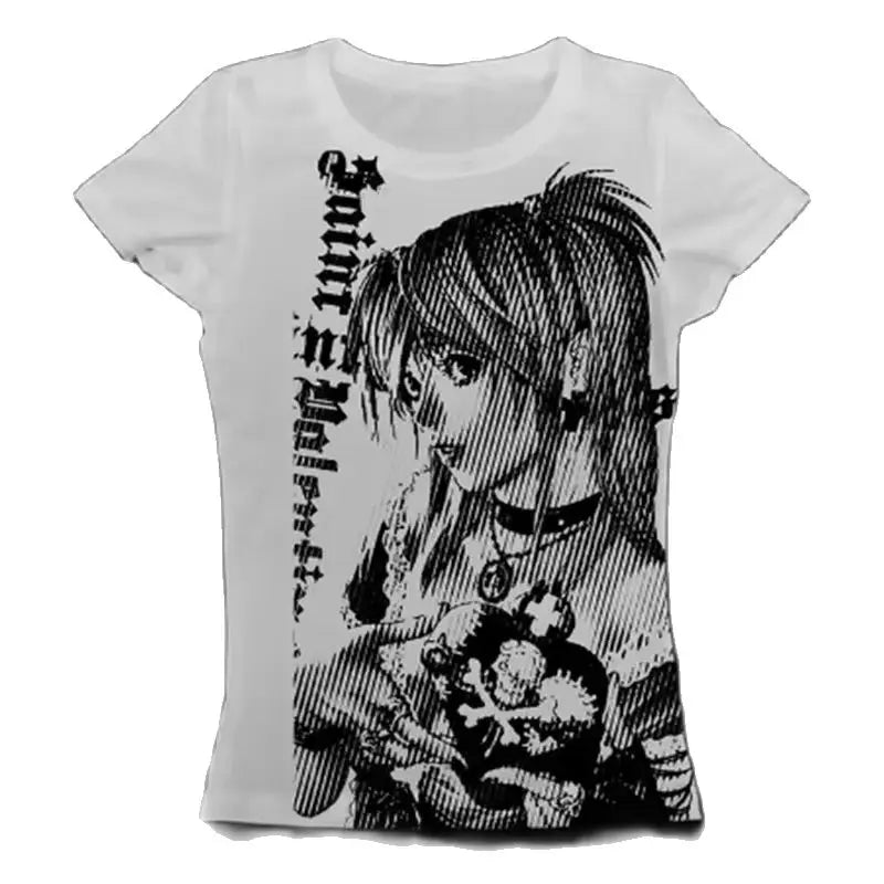 Y2k anime Streetwear O-neck 90s Text Printing Tops Women Harajuku Clothes Simple Vintage Crop Tee Aesthetic emo Casual T-shirt