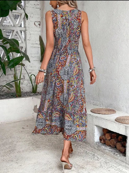 New Fashion Elegant High Waisted Sleeveless Boho Dress Summer Women Print V Neck Casual Long Dresses For Women Robe Femme