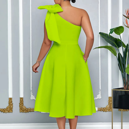 French One Shoulder A Line Pleated Birthday Party Dresses Women Bow Sleeveless Belt Large Skirt Elegant Women's Party Dress