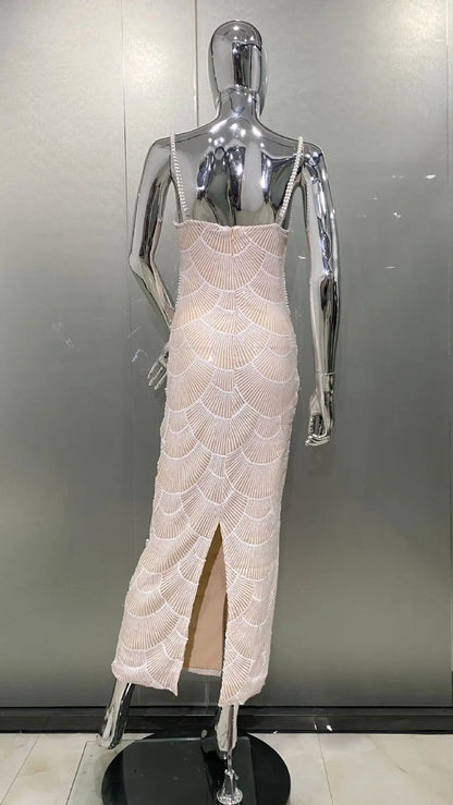 Deluxe Exquisite Sequin Beaded Sexy Hollow Suspender Dress Celebrity Birthday Party Dinner Dress Sweet Date Prom Dress