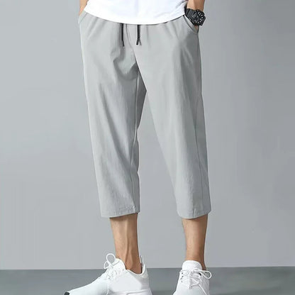 2025 New Summer Men's Ice Silk Pants Hong Kong Style Trendy Loose-Fit Straight-Leg Cropped Pants Korean Version Casual Pants