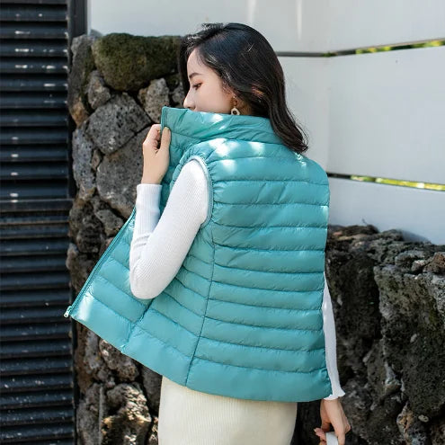 White Stand Collar Women's Sleeveless Down Vest Coat Winter Thin Slim Business Vests White Blue Black Red Women Waistcoat 3XL