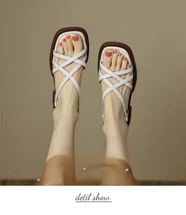 Sandals for Women 2025 Summer Simple Fashionable Flats Elastic Band Outdoor Beach Shoes Casual Ladies Rome Sandals 232