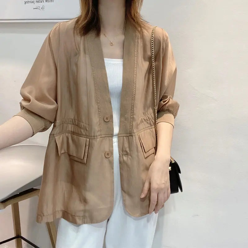 Plus Size Waist Tie V-neck Black Blazer Women Summer Cardigan Sunscreen White Jacket Korean Fashion Casual Pocket Outerwear New