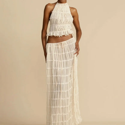2024 Summer Party Elegant Women Beach Skirt Suit Sleeveless Backless Cropped Halter Lace Up Tops And Long Skirts Two Piece Sets