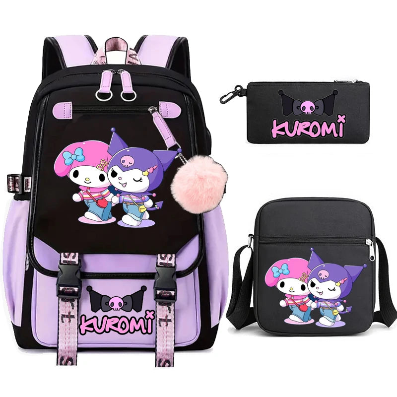 Kuromi Student Backpack 3pcs Cartoon Rucksack Girls School Bag High Capacity Women Backpack Female Cute Leisure Travel Mochilas