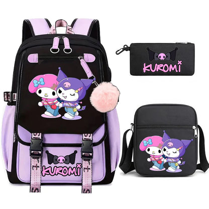 Kuromi Student Backpack 3pcs Cartoon Rucksack Girls School Bag High Capacity Women Backpack Female Cute Leisure Travel Mochilas