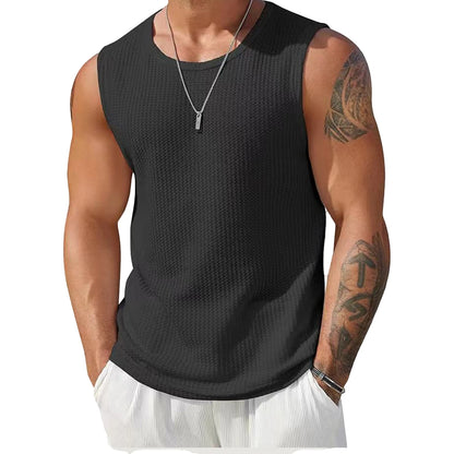 メンズ リブニットタンクトップ（無地）カジュアルウェア、ノースリーブTシャツ（ワークアウトやボディビルディングのストリートウェアスタイル）