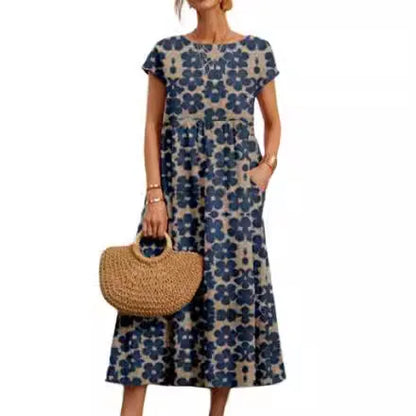 Fashion Women's Cotton and Linen Dress, Round Neck Printed Short Sleeved A-line Maxi Skirt, Unique Floral Long Dresses Vestidos