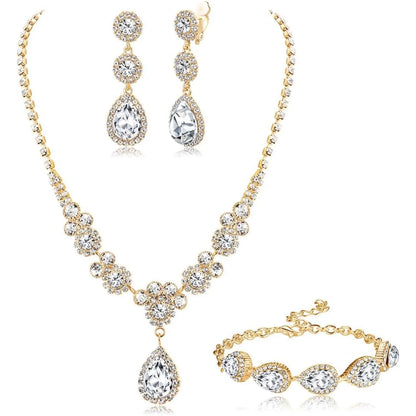 Florideco Rhinestone Bridal Jewelry Set Necklace Bracelet Earrings for Brides Bridesmaid Teardrop Pendants for Wedding Prom