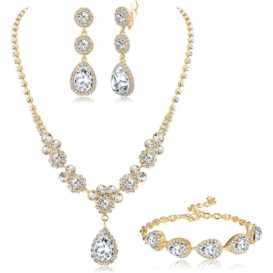 Florideco Rhinestone Bridal Jewelry Set Necklace Bracelet Earrings for Brides Bridesmaid Teardrop Pendants for Wedding Prom