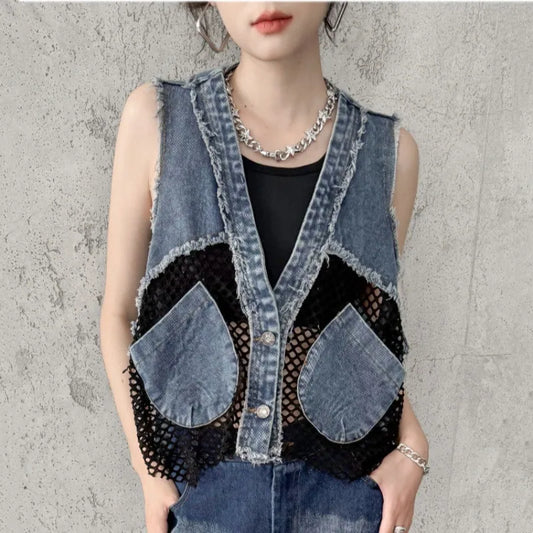 Grid Stitching V-Neck Denim Vest Women's Summer Fried Street Fashion Brand Loose Burrs Short Sleeveless Vests Jackets Female