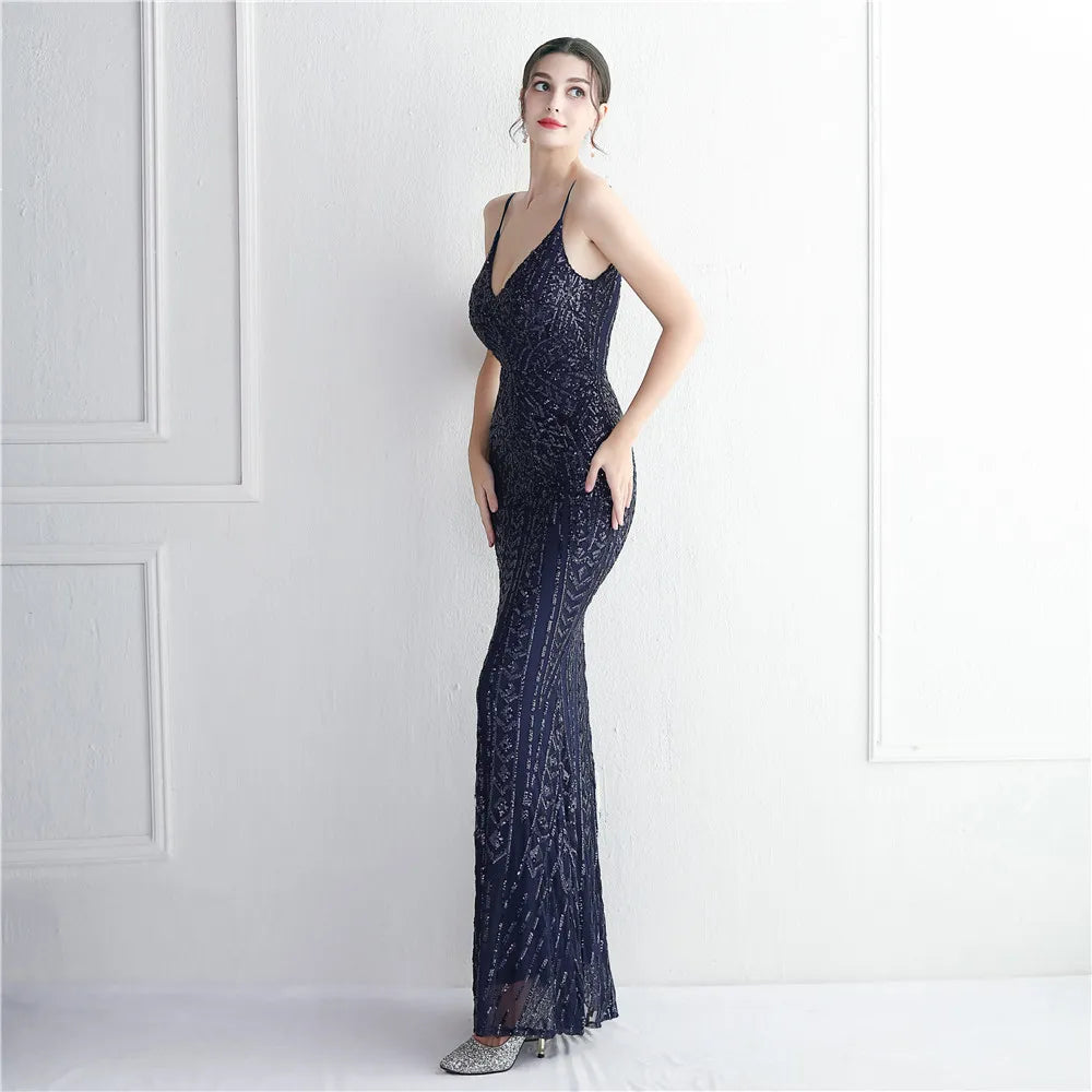 Women's Black Long Sleeve Padded Strap Sequin Dress Length, Sparkles Stretch, V Neck Mermaid, Formal Evening Dress, Night Party