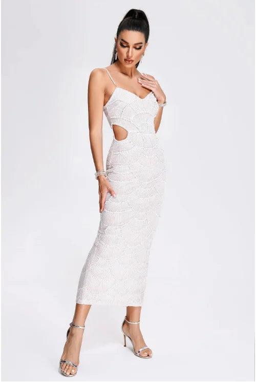 Deluxe Exquisite Sequin Beaded Sexy Hollow Suspender Dress Celebrity Birthday Party Dinner Dress Sweet Date Prom Dress
