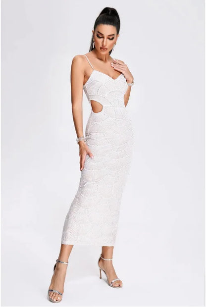 Deluxe Exquisite Sequin Beaded Sexy Hollow Suspender Dress Celebrity Birthday Party Dinner Dress Sweet Date Prom Dress