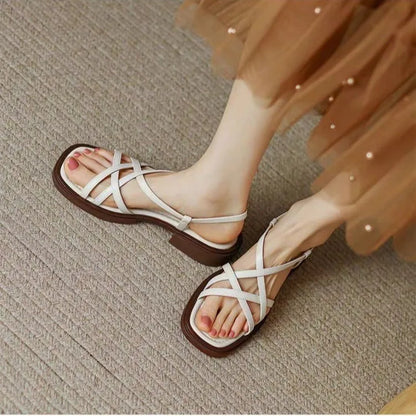 Sandals for Women 2025 Summer Simple Fashionable Flats Elastic Band Outdoor Beach Shoes Casual Ladies Rome Sandals 232