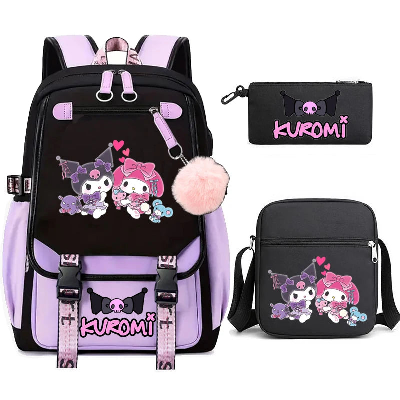 Kuromi Student Backpack 3pcs Cartoon Rucksack Girls School Bag High Capacity Women Backpack Female Cute Leisure Travel Mochilas