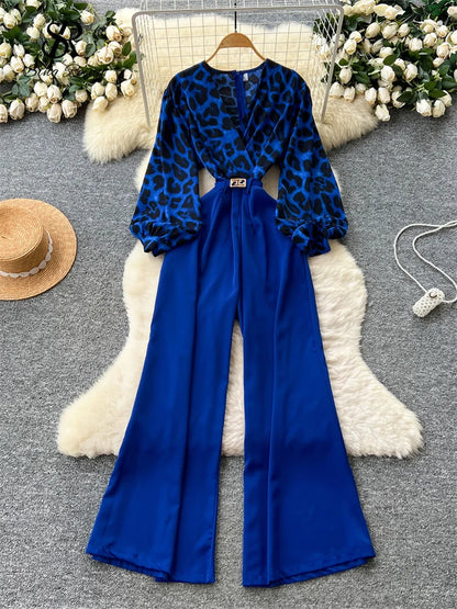 SINGREINY Autumn Leopard Long Jumpsuits V Neck Long Sleeves Belt Wide Legs Pants Women American Retro Senior Office Lady Rompers
