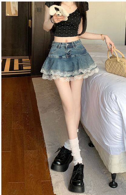 スイートセクシーデニムケーキスカート レディース レトロ ハイウエスト Aライン ミニスカート 女性用 韓国ファッション カジュアル ストリートウェア プリーツスカート Y2K