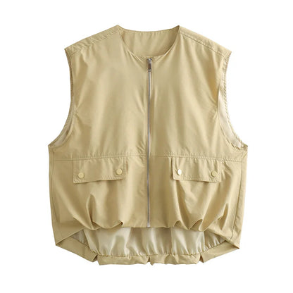 SIYANG Women Fashion Chic Loose Sleeveless Pockets Vests Female O-Neck Pleated Hem Waistcoats Ladies Casual Streetwear
