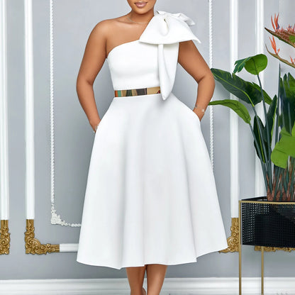 French One Shoulder A Line Pleated Birthday Party Dresses Women Bow Sleeveless Belt Large Skirt Elegant Women's Party Dress