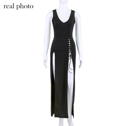 Goth Dark Gothic Coquette Sleeveless V-Neck Mid Dress Punk Sexy High Split Hem Corn Bandage Party Dresses Women Slim Streetwear