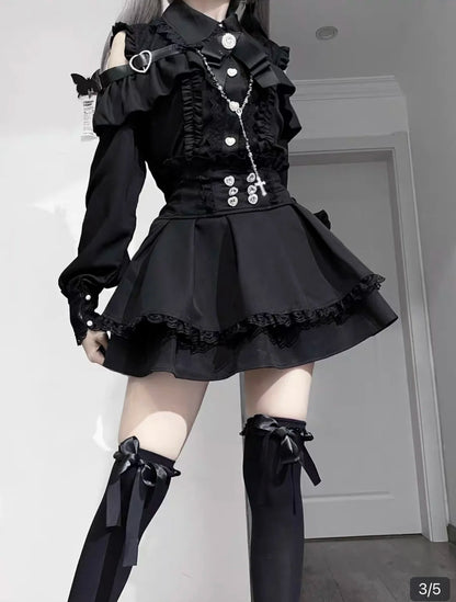 Kawaii Off Shoulder Long Sleeve Shirts Women Black Short Skirt Set Y2K Gothic Ruffle Skirts Lace Lolita Shirt Gown Suit ﻿﻿﻿﻿﻿