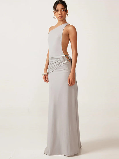 Sibybo Oblique Shoulder Sleeveless Ruched Maxi Dress For Women Gown Elegant Metal Rings Backless Bodycon Long Dresses Vestidos