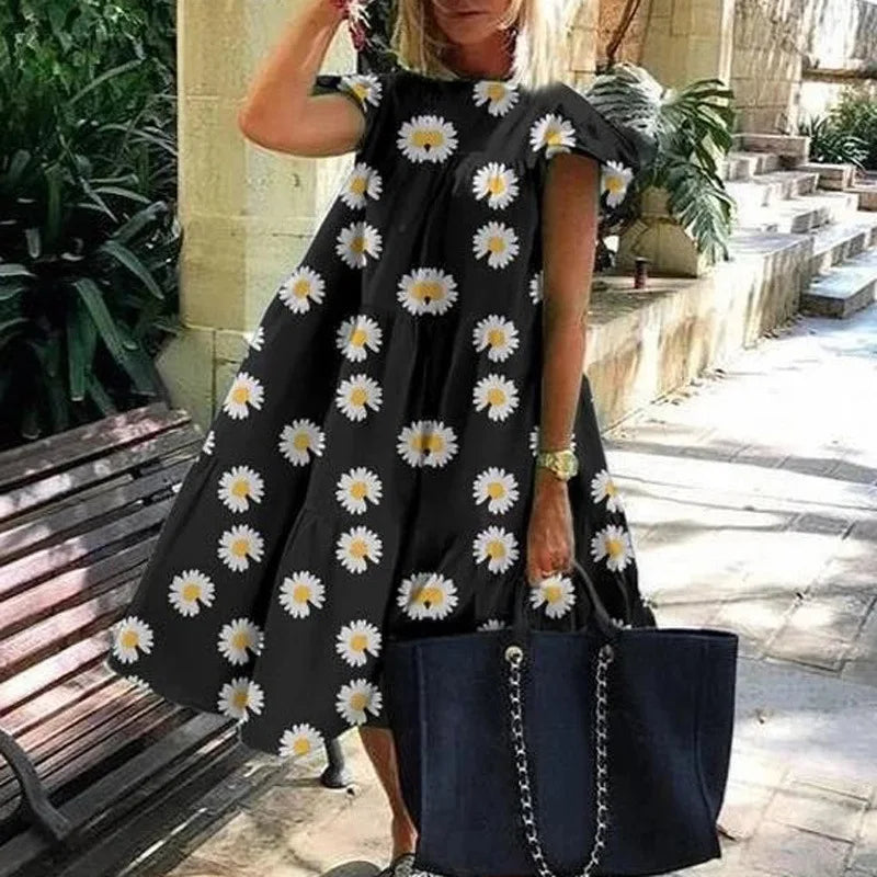 Summer Fashion Boho Print Dress Lady Casual O-Neck Pullover Ruffles Short Sleeve Loose Dresses For Women Holiday Beach Dress New