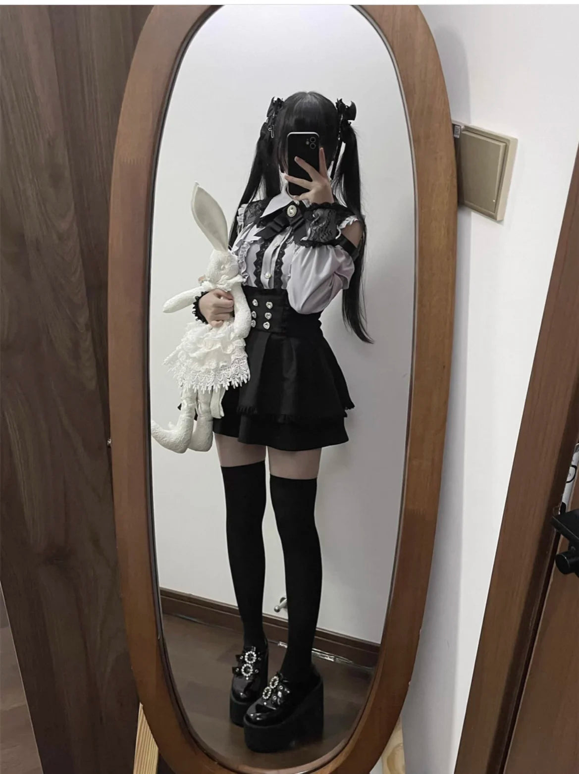 Kawaii Off Shoulder Long Sleeve Shirts Women Black Short Skirt Set Y2K Gothic Ruffle Skirts Lace Lolita Shirt Gown Suit ﻿﻿﻿﻿﻿