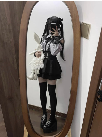 Kawaii Off Shoulder Long Sleeve Shirts Women Black Short Skirt Set Y2K Gothic Ruffle Skirts Lace Lolita Shirt Gown Suit ﻿﻿﻿﻿﻿