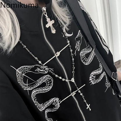 ストリートウェア パンク パーカー コート レディース 服 プリント ジッパー 半袖 スウェットシャツ カジュアル ファッション 夏 オーバーサイズ パーカー Y2K トップス