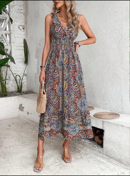 New Fashion Elegant High Waisted Sleeveless Boho Dress Summer Women Print V Neck Casual Long Dresses For Women Robe Femme