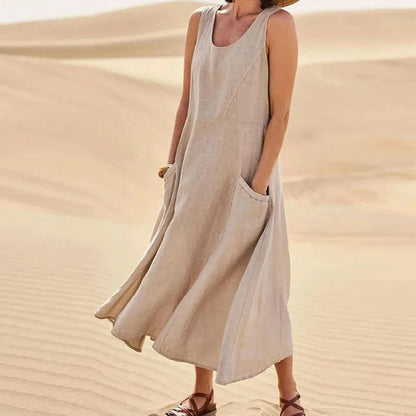 Chic Women Coton Linen Sundress Summer Female Sleeveless Double Big Pocket Loose Sand Beachwear Long Dress Oversized Vestidos