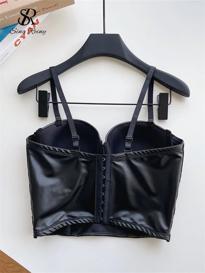 SINGREINY Sexy Cool Girl PU Leather Camis 2025 Fashion Black Backless Straps Tank Women American Retro Clubwear Slim Crop Tops