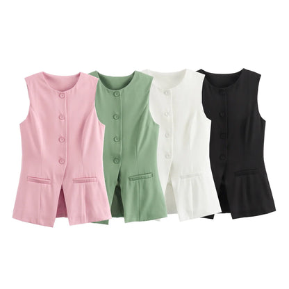 MUJER 2025 White Sleeveless Vest Women Button Summer Vests for Women Jacket Pink Vest Top Women Streetwear Women's Tailored Vest