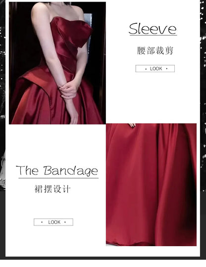 party dresses women evening satin strapless host evening dress female banquet temperament bride toast wine red black prom dress